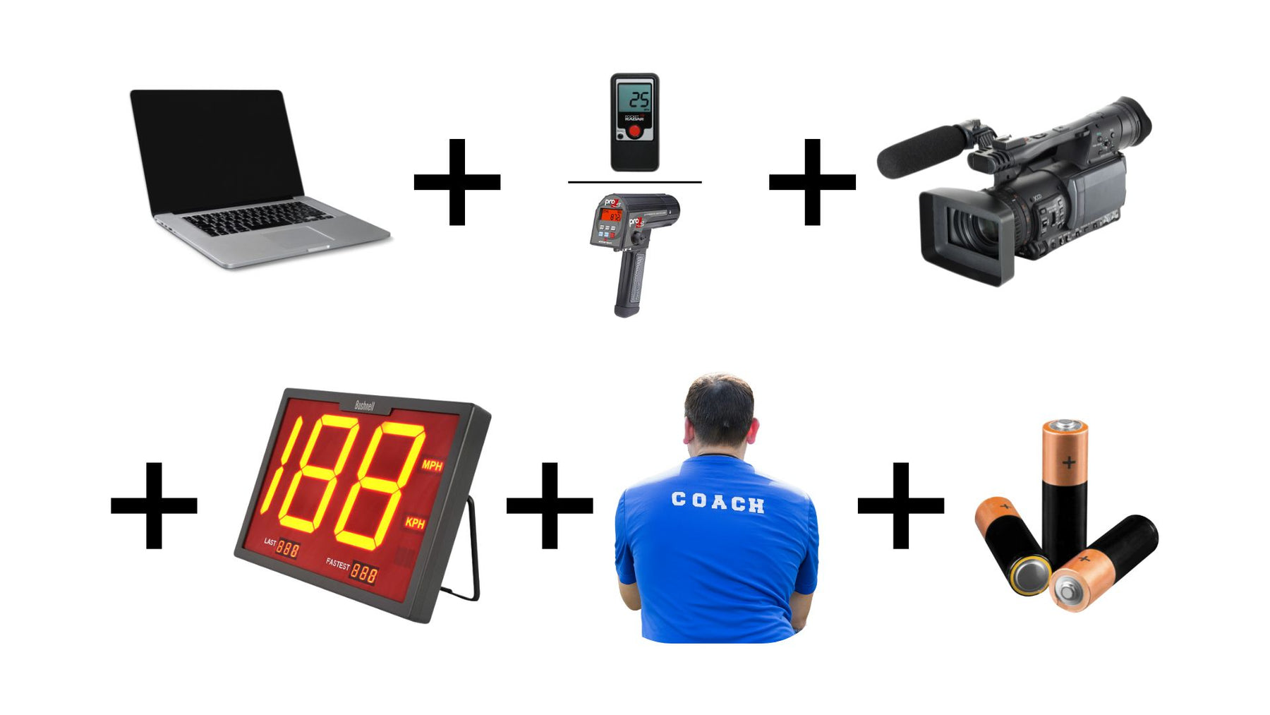 Collection of sports equipment and tools including a laptop, stopwatch, camera, coach, and batteries on a white background.
