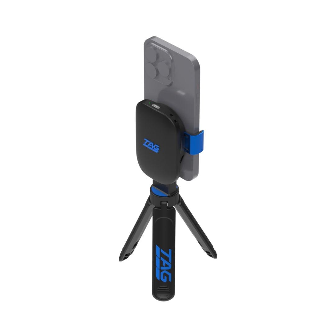 Phone holder with tripod and TAG branding on a white background