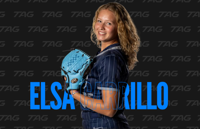 Female softball player posing for a picture in front of a black background with TAG Sports branding, named Elsa Carrillo.