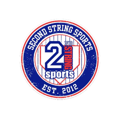 A circular logo sticker or emblem for 'Second String Sports' featuring a distressed design with blue, red, and white colors, and the text '2 sports EST. 2012'.