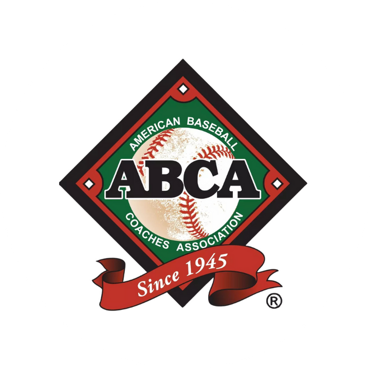 Logo of the American Baseball Coaches Association (ABCA) with a baseball on a green and red background.