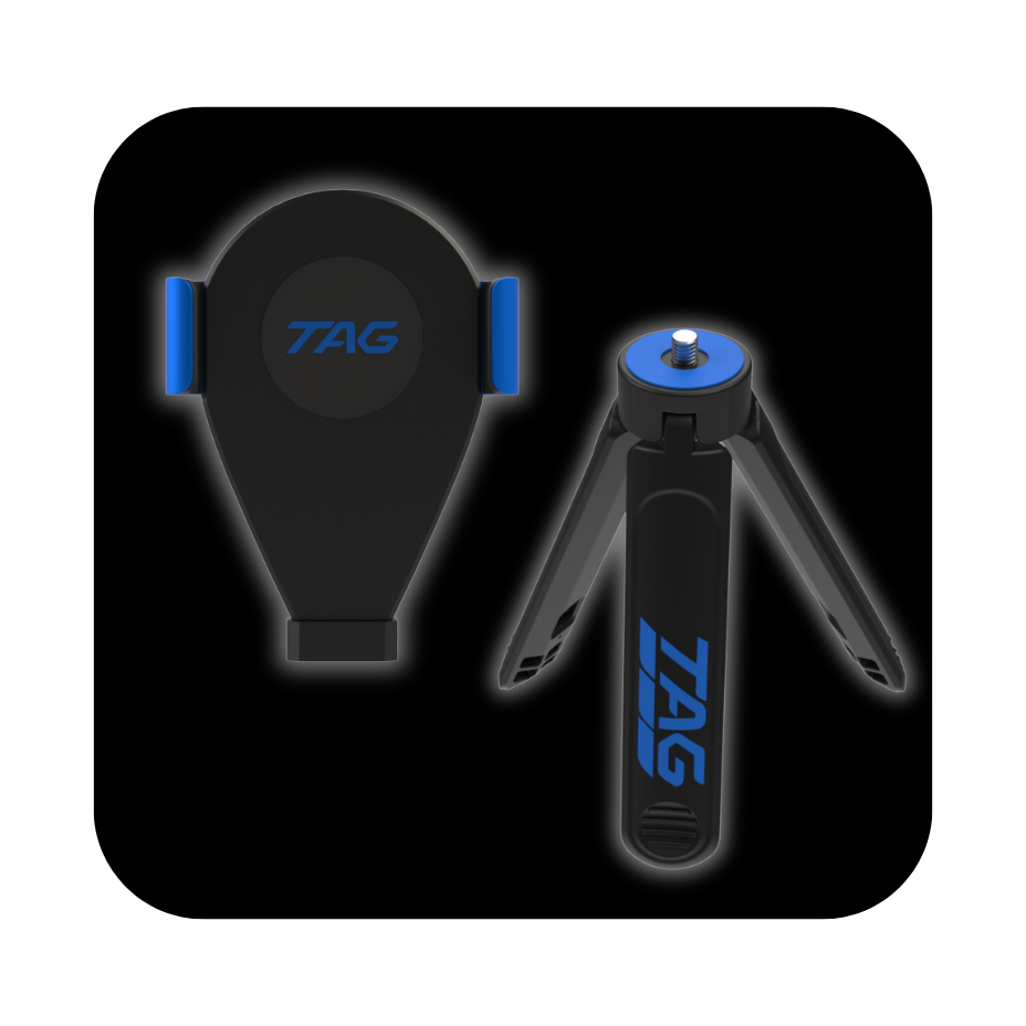 TAG One bracket and tripod renders atop black background with rounded edges.
