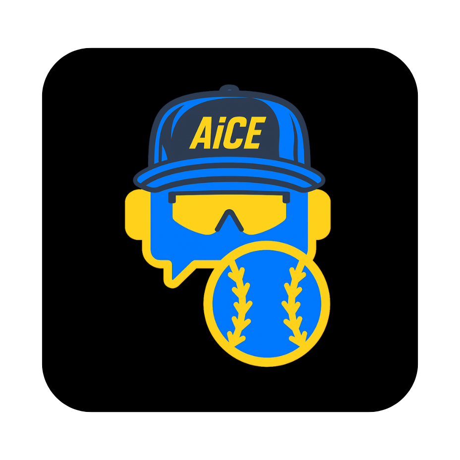 Blue and yellow AiCE chatbot illustrated icon atop a black background.