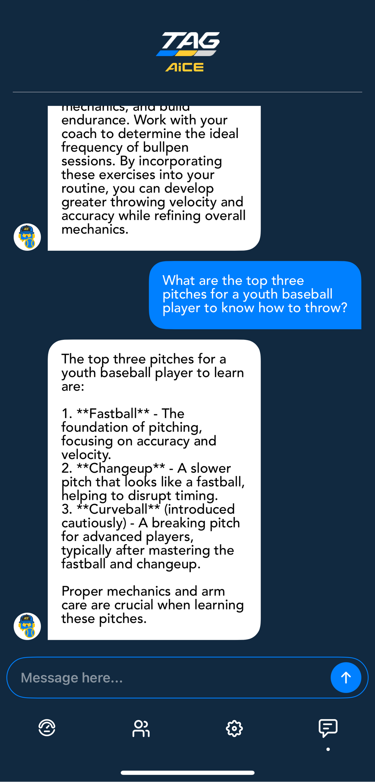 Chat interface with TAG Ace logo and text about youth baseball pitching techniques.