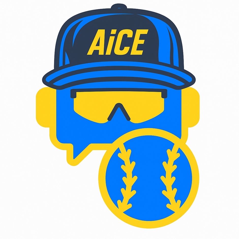 AiCE chatbot logo. Chat bubble wearing sunglasses, wearing AiCE ball cap, holding a baseball.