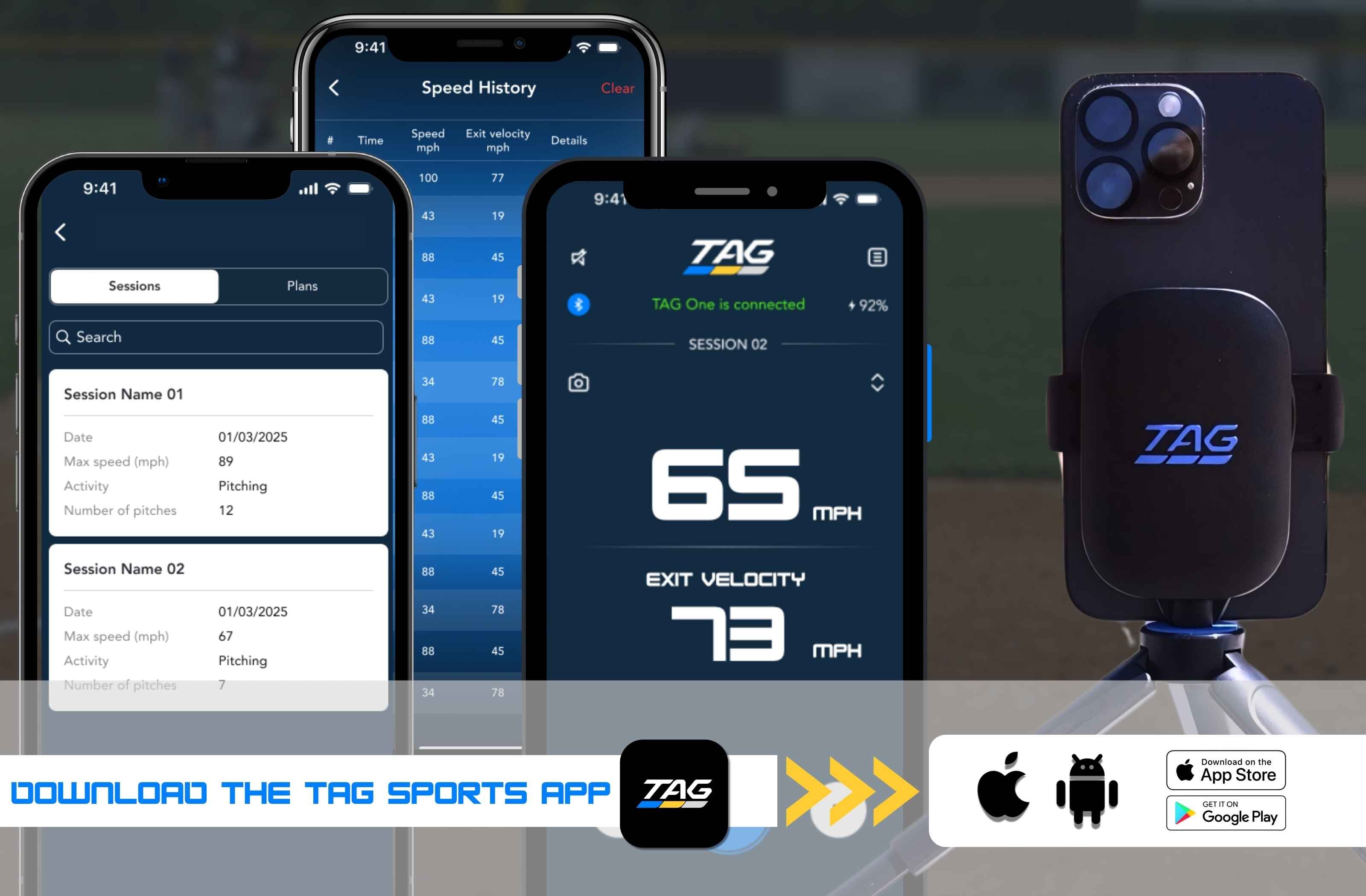 Smartphone displaying TAG Sports app with app icon and download information on a sports field background