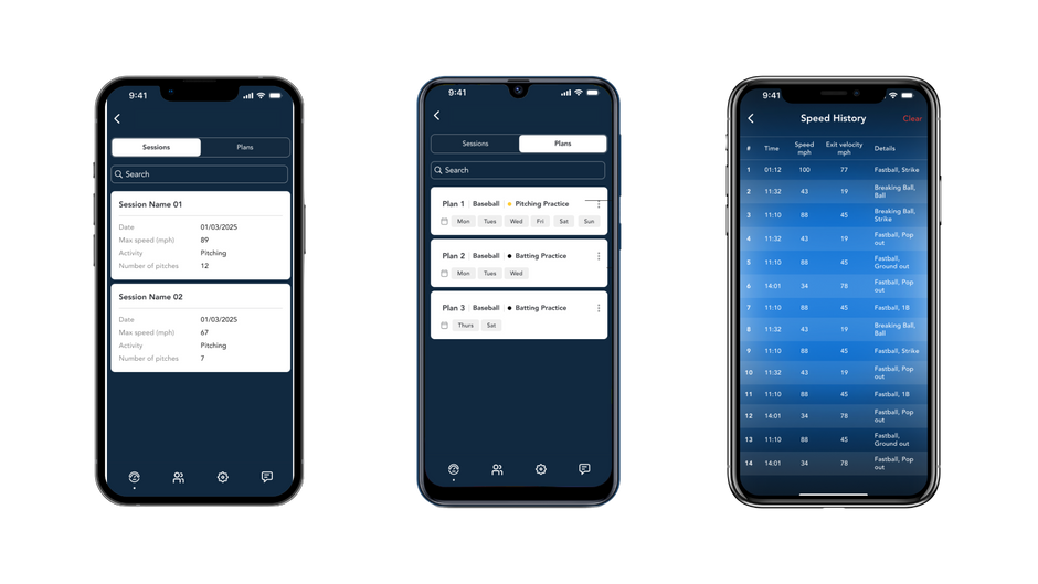TAG Sports app screenshots on iPhones. Three total featuring sessions, plans, and speed history.