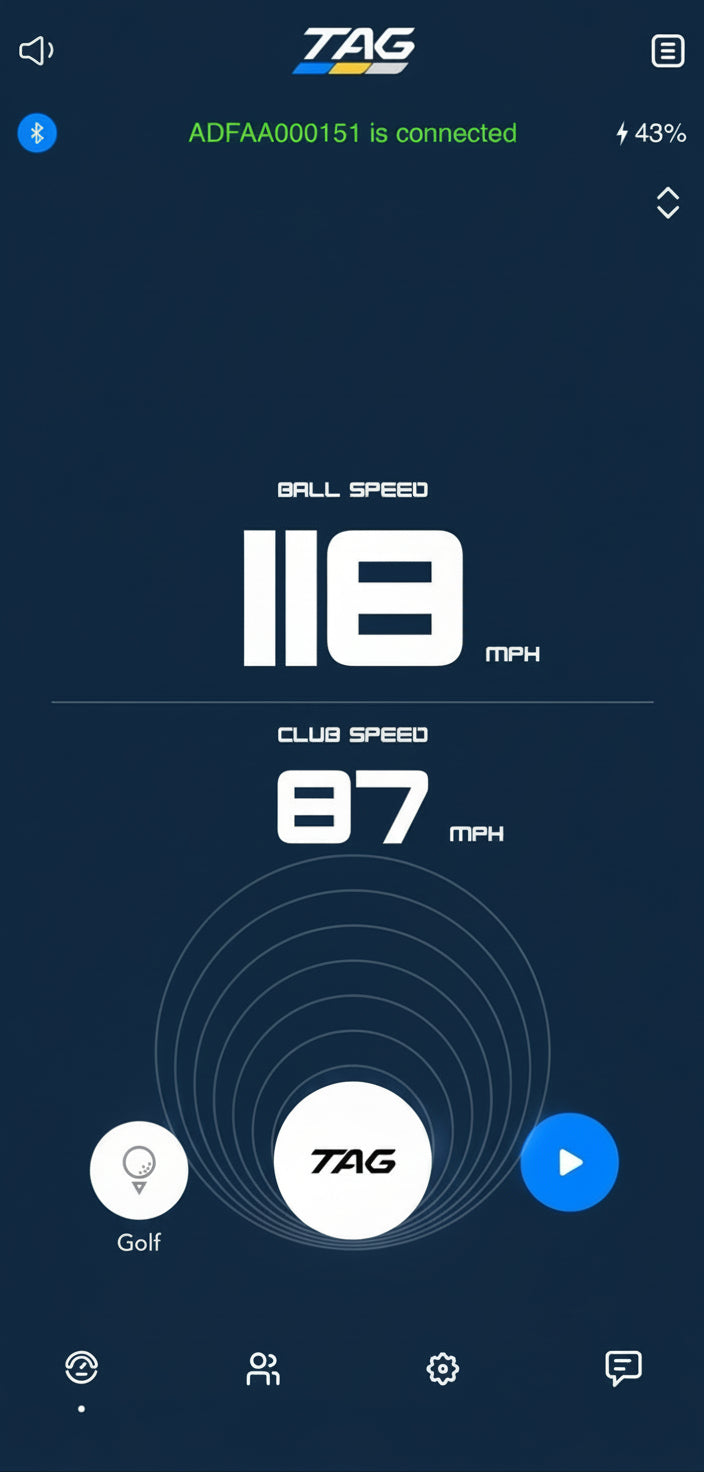 Golf analytics app displaying ball and club speed on a dark blue background