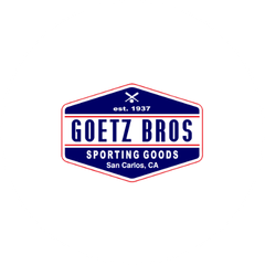 Goetz Bros. Sporting Goods logo on a plain white background, featuring a blue and red shield-like emblem with white text and a small crossed-saxophone icon above the words.