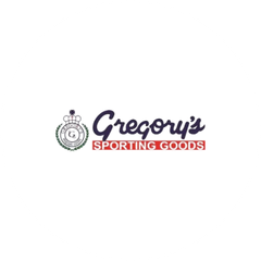Gregory's Sporting Goods logo on a plain white background, featuring a circular emblem with a central G and the brand name in dark blue script with red text.