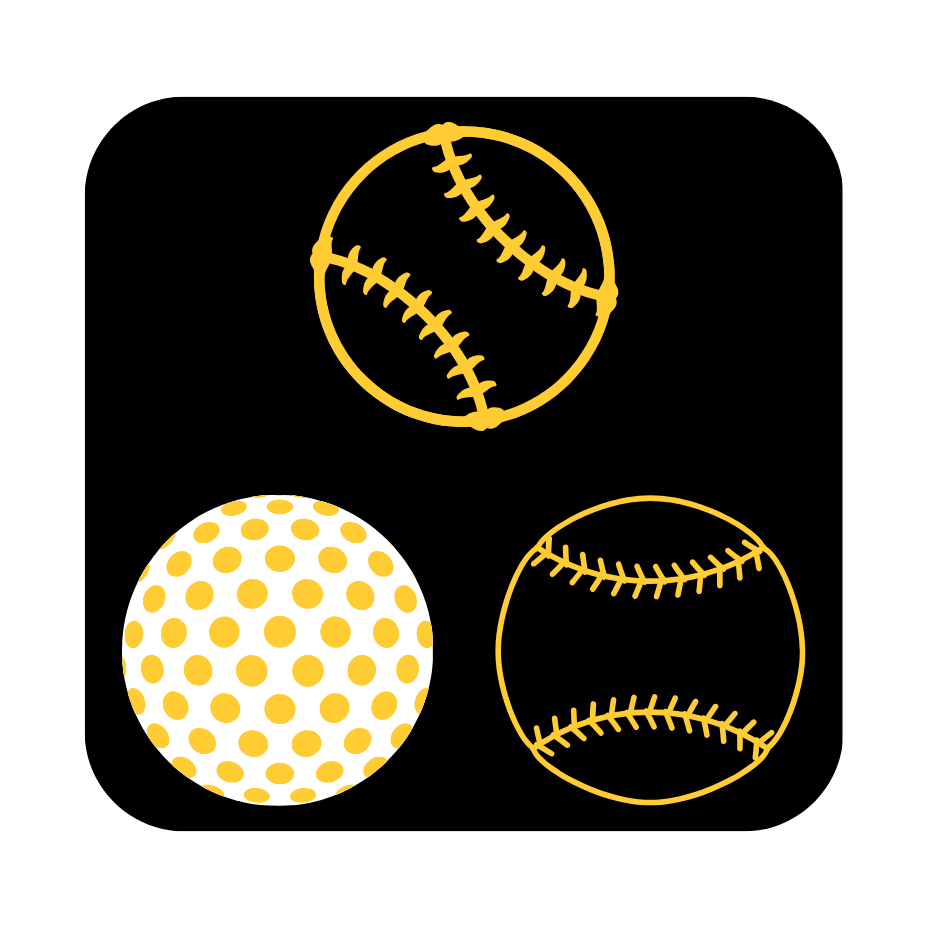 Baseball, Golfball, and Softball icons, yellow and white, atop a black background with rounded edges.