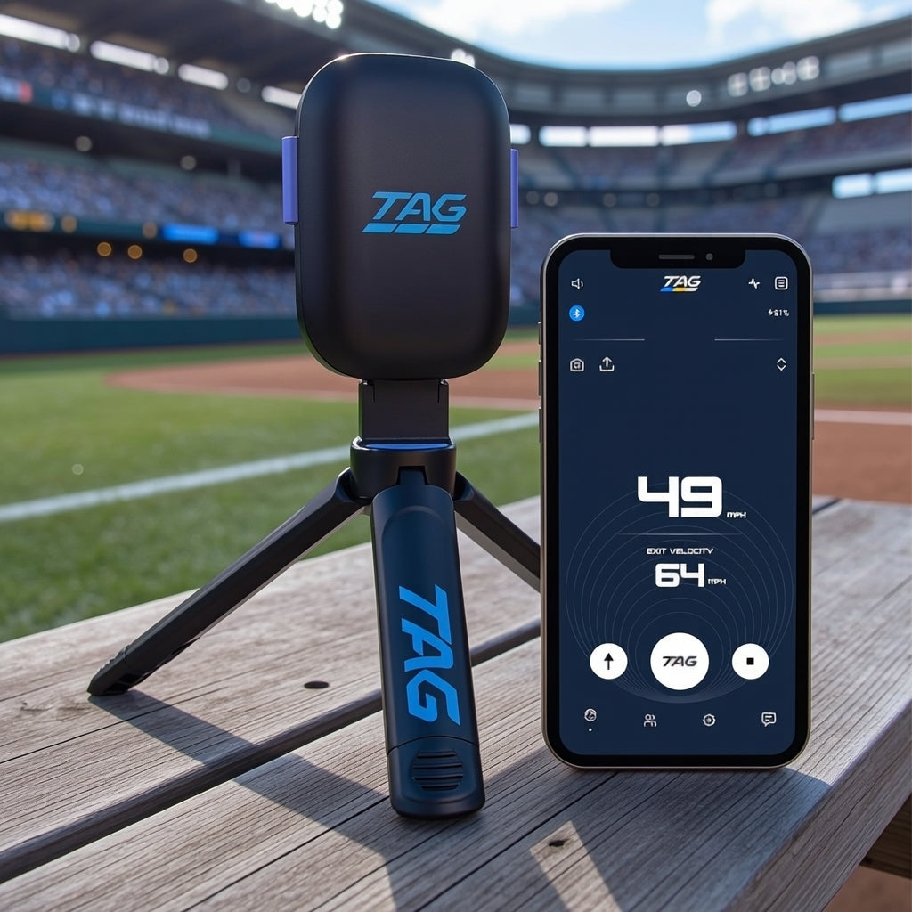A TAG speed gun device on a small tripod next to a smartphone displaying speed readings, set on a wooden table with a blurred baseball stadium in the background.
