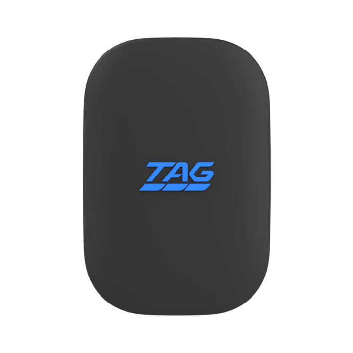 TAG One Sports Radar Device, Blue text on black device.