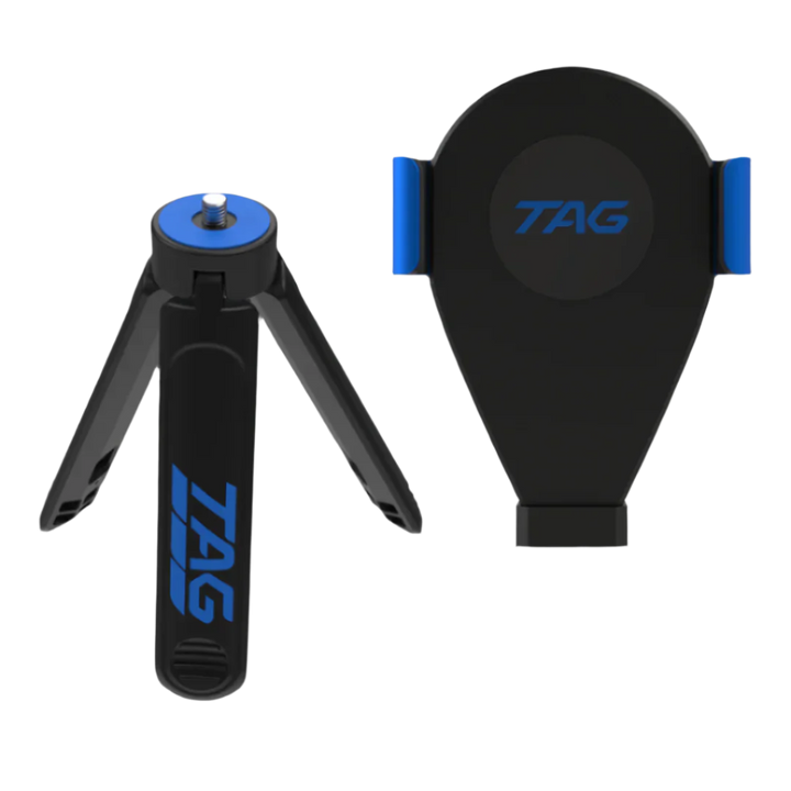 Black and blue device accessories, including tripod and MagSafe mounting bracket.