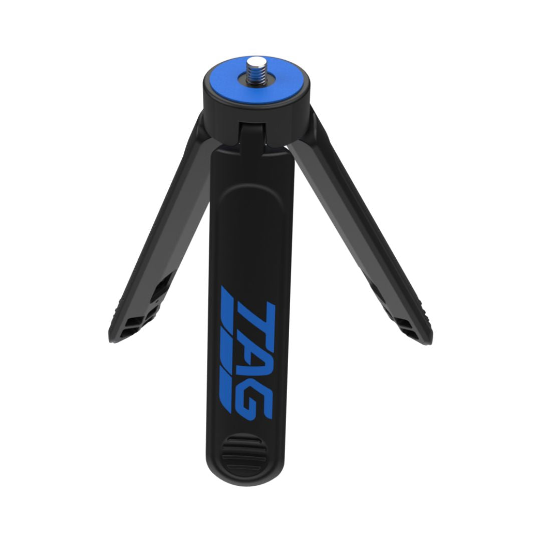A black and blue TAG ONE Mini Tripod with adjustable legs, designed for stability with radar equipment.