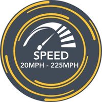 Speedometer icon indicating speed range from 20 to 225 miles per hour.