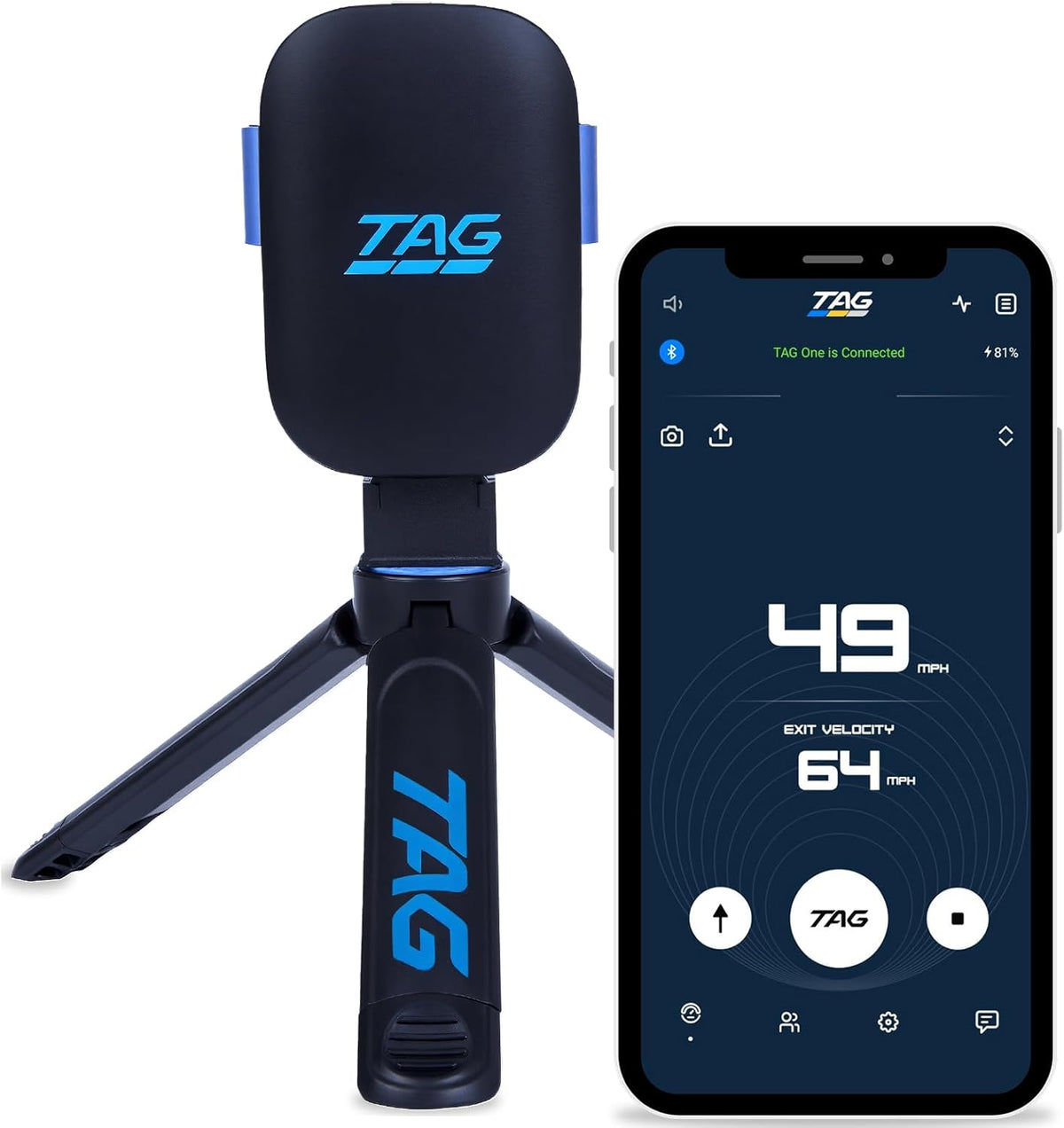 Black TAG radar with stand and smartphone displaying TAG app on a white ...