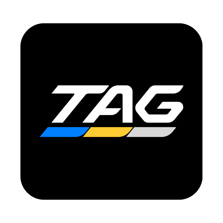 TAG Sports logo with blue, yellow, and grey accents atop a black background with rounded edges.