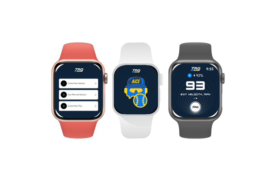 Three images of various styles of Apple Watches featuring screenshots from the TAG Sports app.