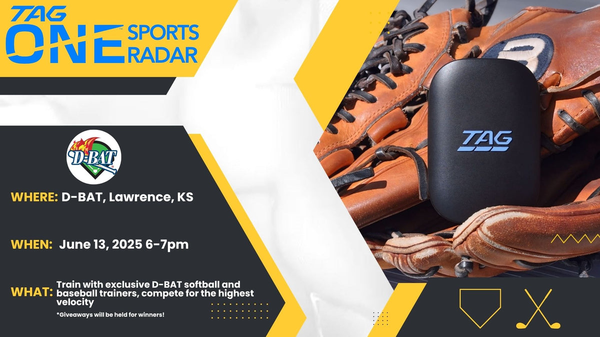 Advertisement for a sports event featuring a TAG One Radar device and baseball glove.