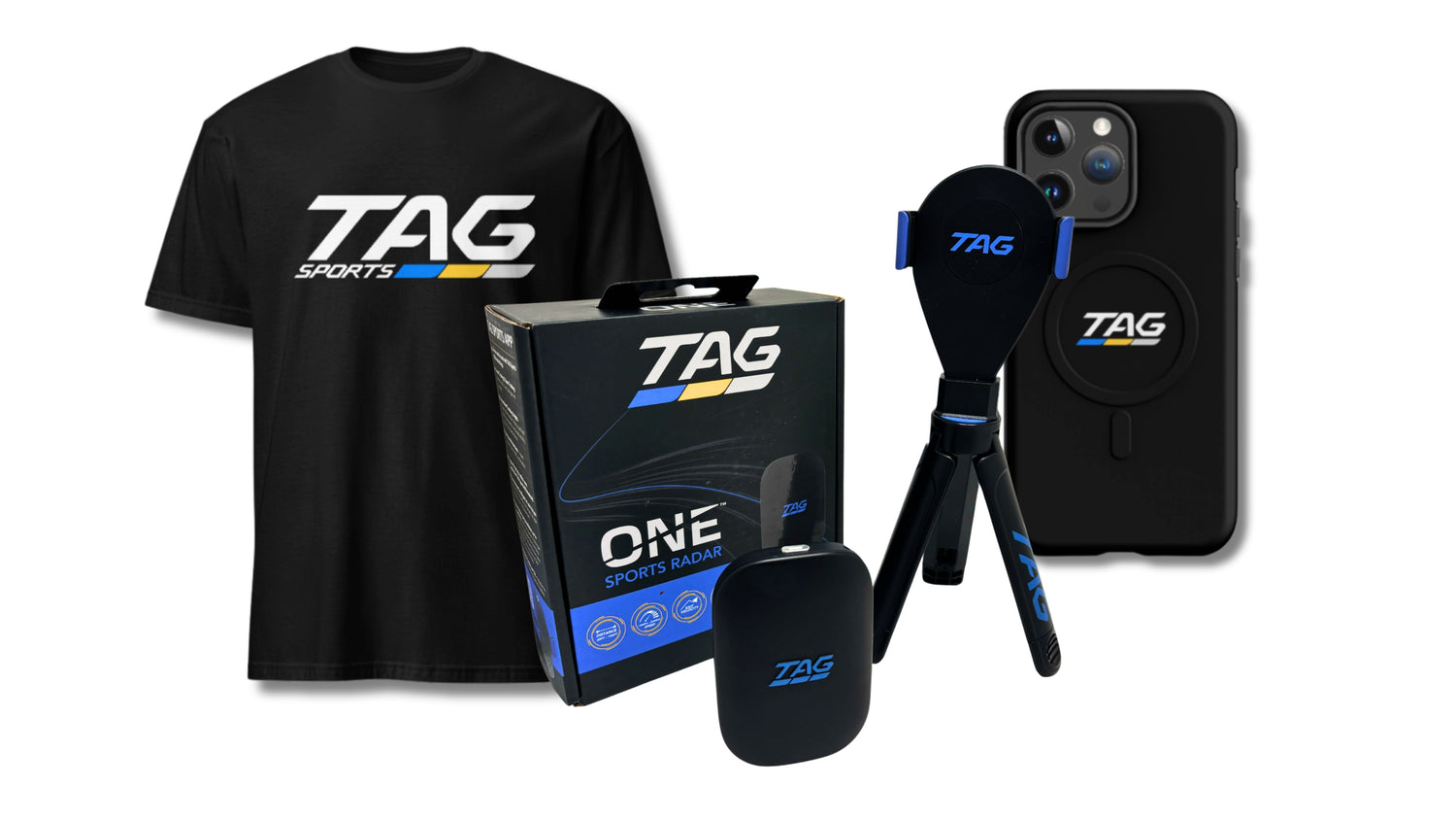 Collection of 'TAG' branded products including a t-shirt, phone case, and packaging on a white background.