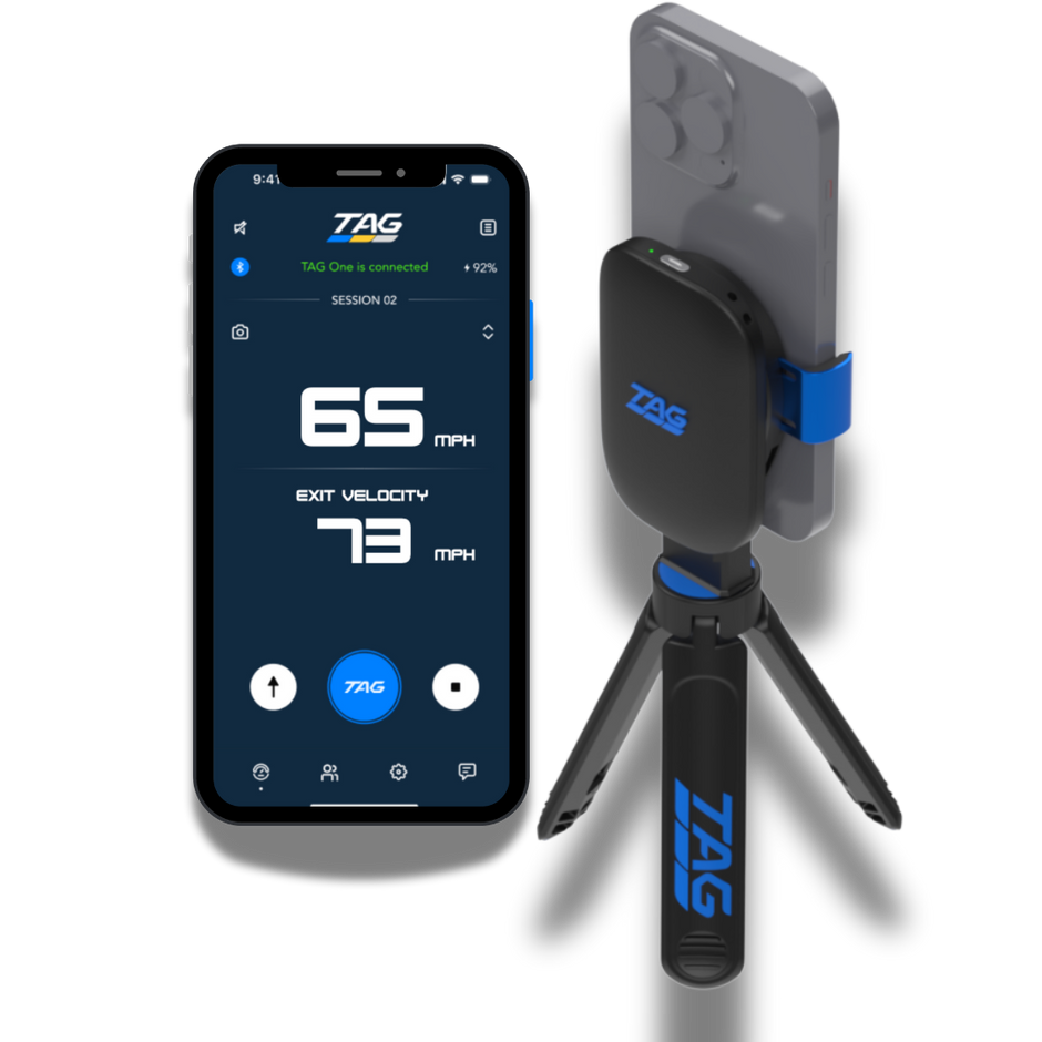 TAG Sports app displaying pitch speed and exit velocity, beside full radar kit including phone, bracket, and tripod.