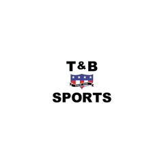 T&B Sports logo featuring black text and a small red, white, and blue shield graphic on a plain white background.