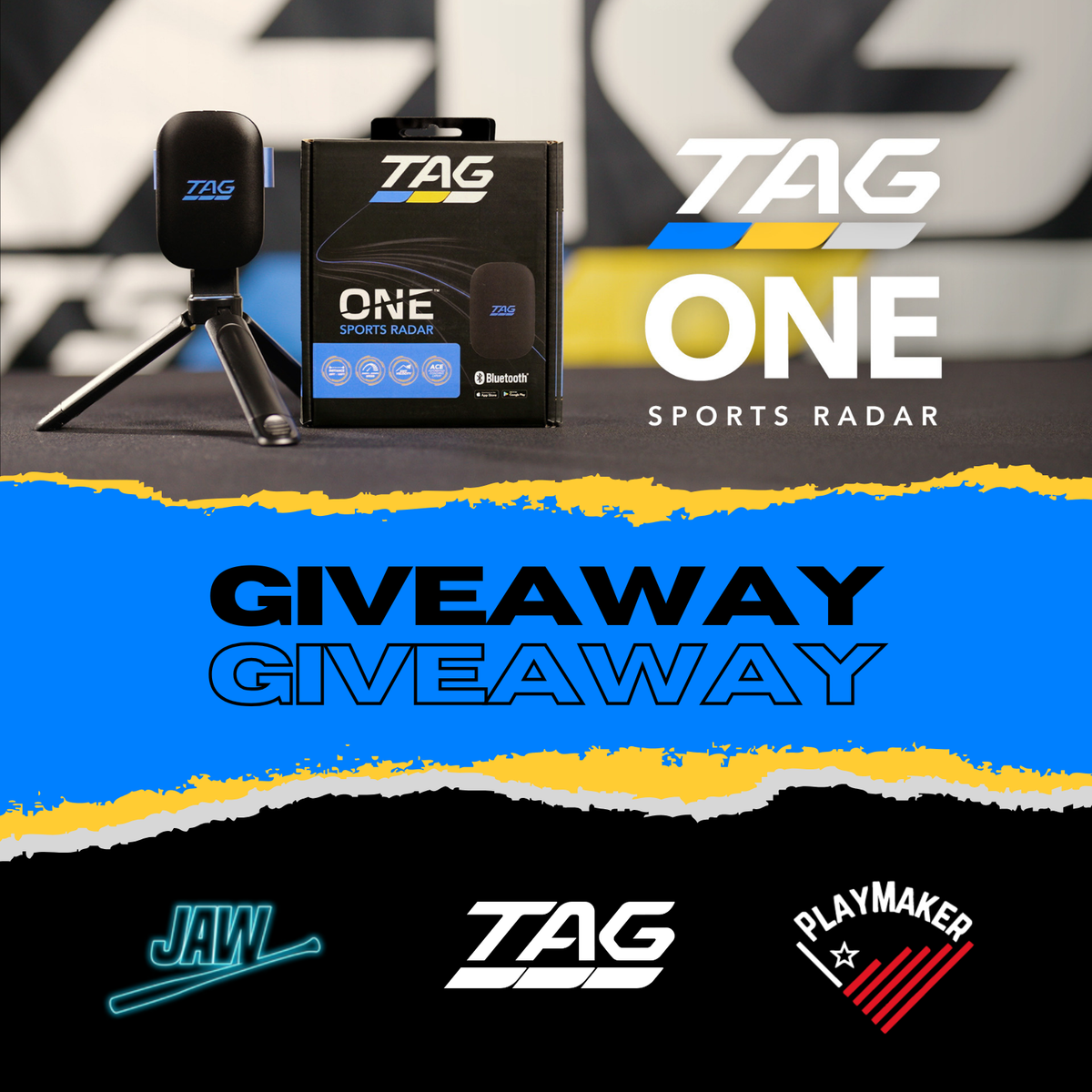 Tag One Sports Radar with giveaway text and logos on a black and blue ...
